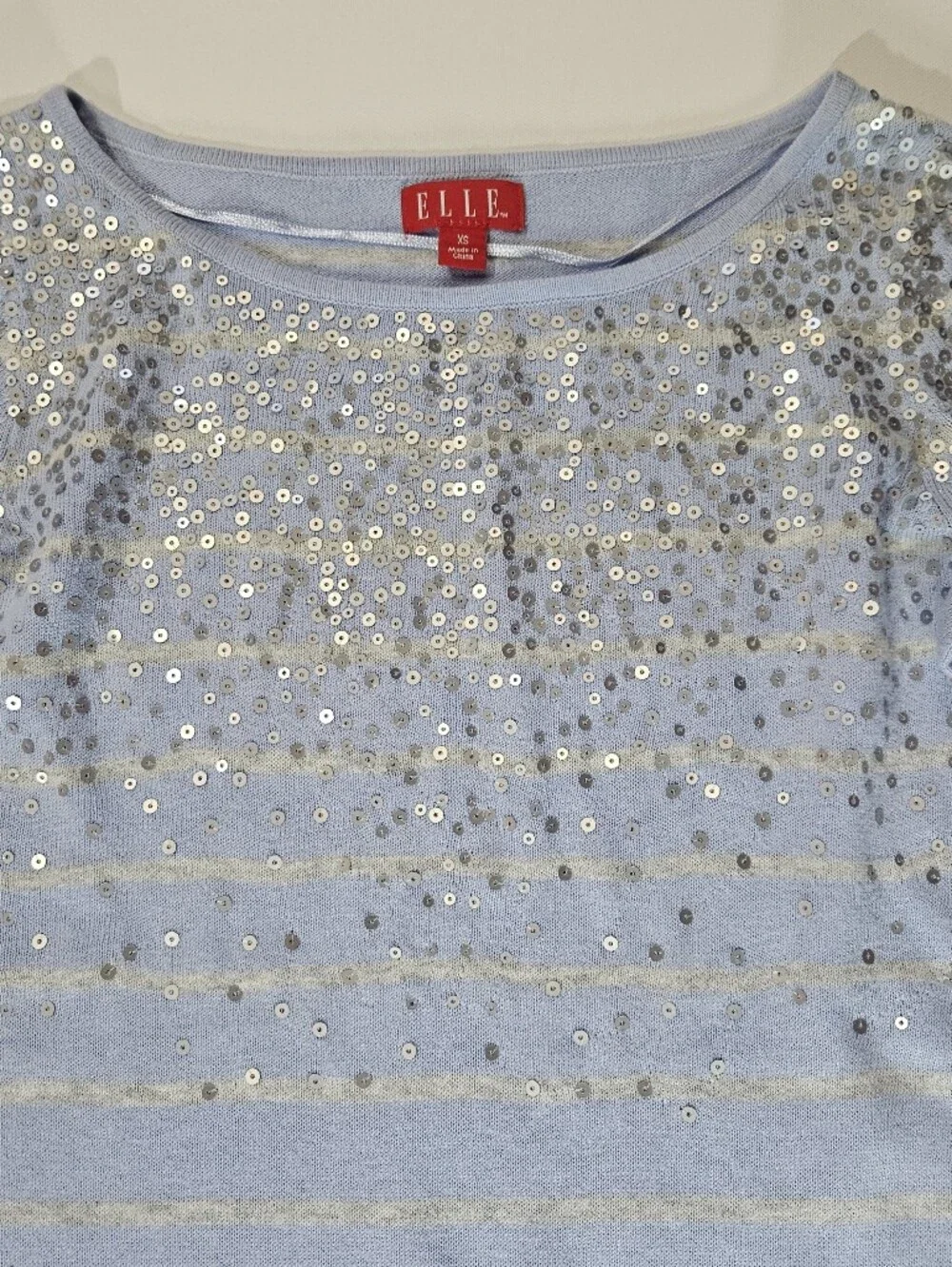 Elle Sweater Womens XS Blue Grey Stripe Sequined‎ Cottagecore Silver Sparkle